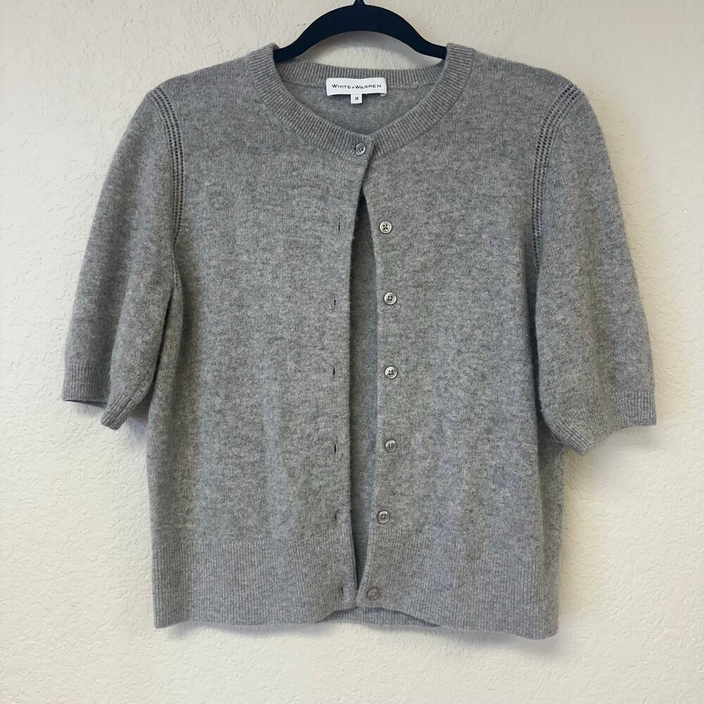 White + Warren Cashmere Short Sleeve Button up Cardigan Light Gray Size Medium